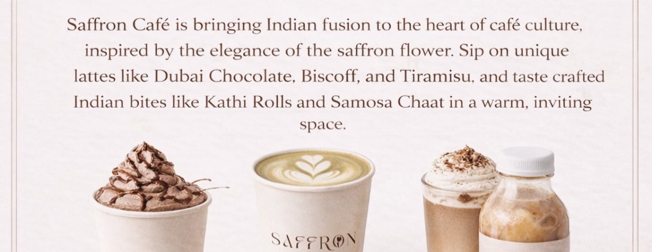 A signature latte with latte art at Saffron Cafe.
